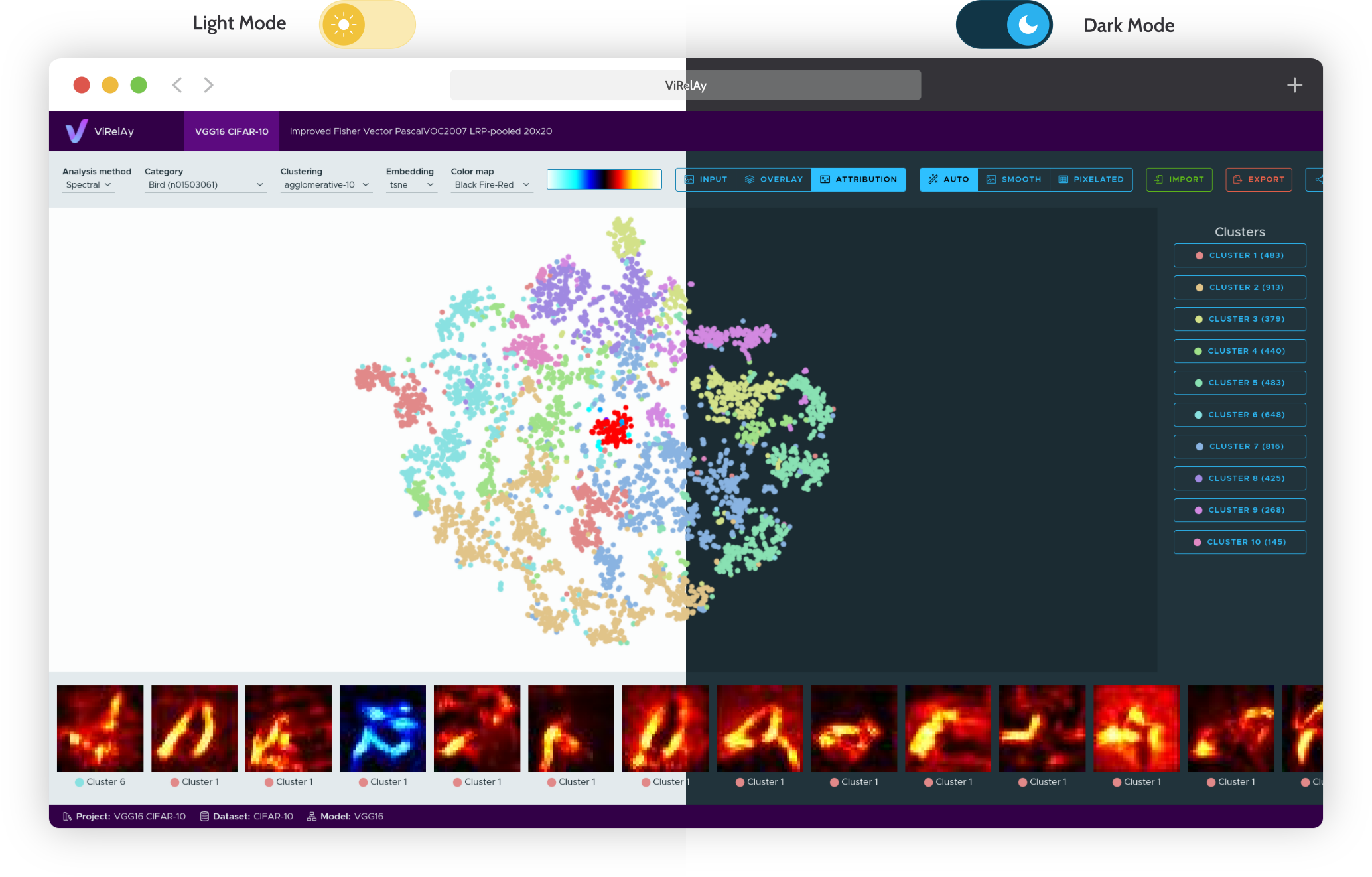 Screenshot of the ViRelAy UI in Both Light and Dark Mode