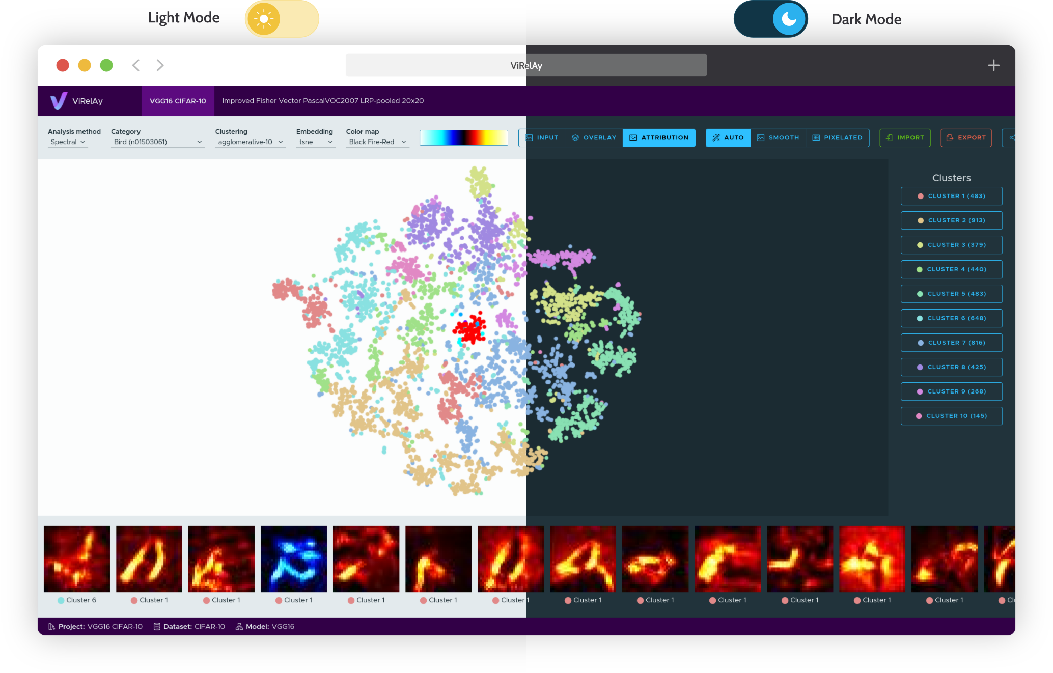 Screenshot of the ViRelAy UI in Both Light and Dark Mode